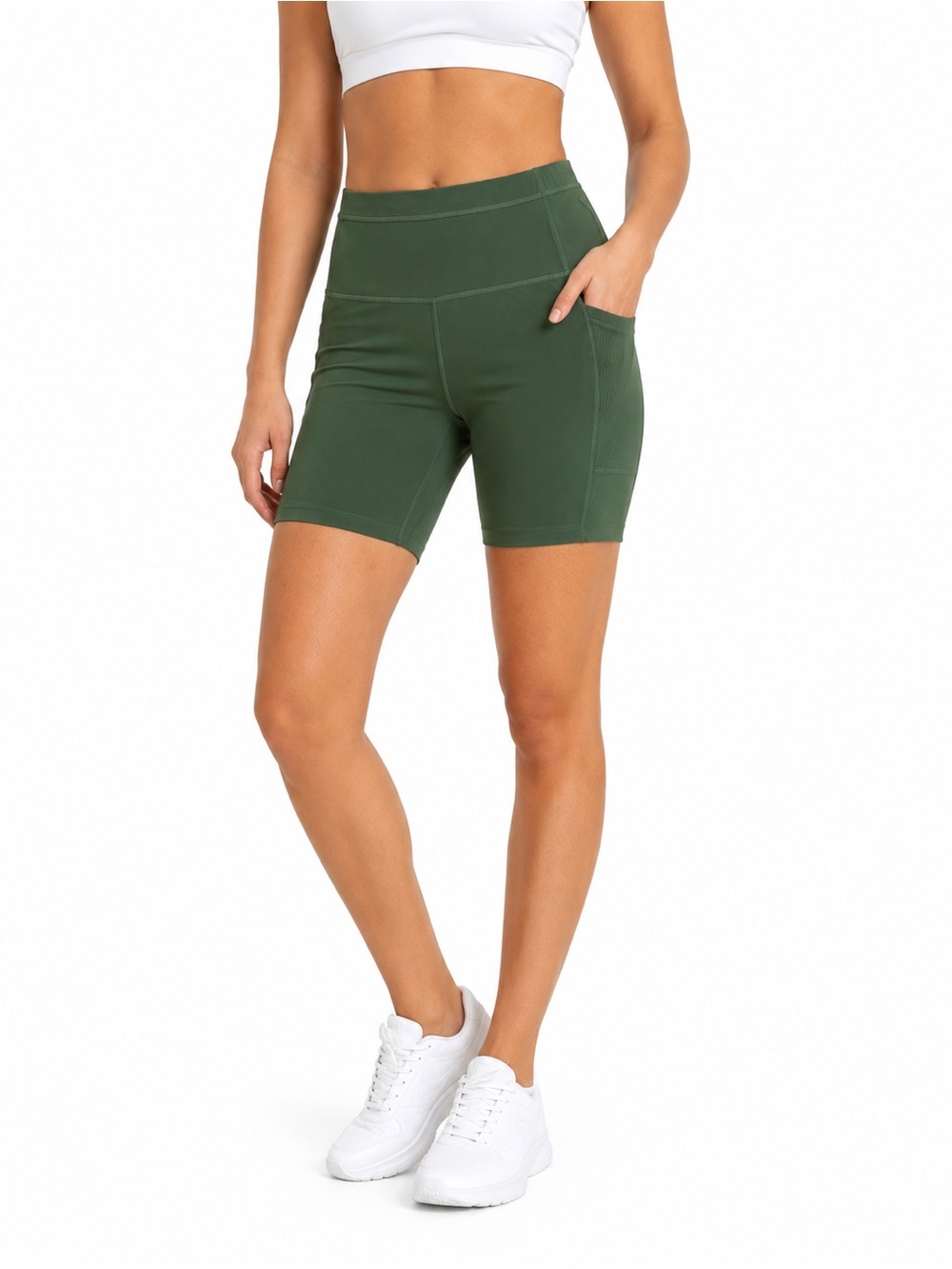 Mondetta Olive Green High-Waist Bike Shorts with Side Pocket